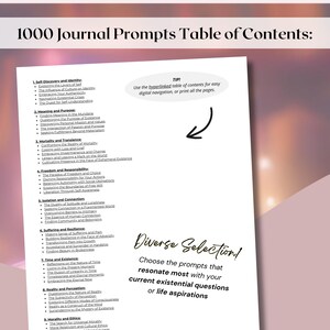 May include: A black and white image of a table of contents for a journal with 1000 prompts. The table of contents is divided into 10 categories, each with a list of prompts. The text "Diverse Selection!" is written in black cursive font on a white background. The text below the title reads "Choose the prompts that resonate most with your current existential questions or life aspirations."