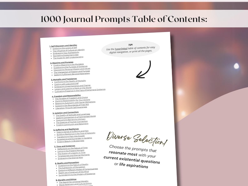 May include: A black and white image of a table of contents for a journal with 1000 prompts. The table of contents is divided into 10 categories, each with a list of prompts. The text "Diverse Selection!" is written in black cursive font on a white background. The text below the title reads "Choose the prompts that resonate most with your current existential questions or life aspirations."