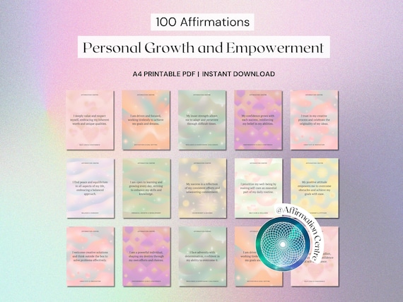 100 Positive Affirmations-Printable Digital Affirmation Cards-Personal Growth and Empowerment Affirmation Deck Bundle-Vision Board Printable