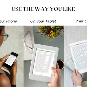 May include: A printable checklist titled "Daily Morning Routine Checklist" on a white tablet, a smartphone, and a printed sheet of paper. The checklist includes items such as "Drink Water", "Make Bed", and "Meditate".