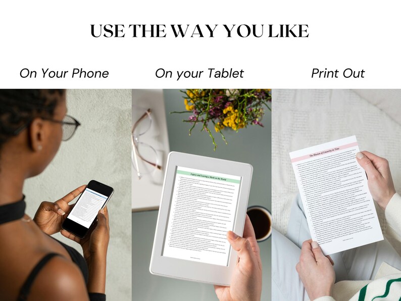 May include: A printable checklist titled "Daily Morning Routine Checklist" on a white tablet, a smartphone, and a printed sheet of paper. The checklist includes items such as "Drink Water", "Make Bed", and "Meditate".