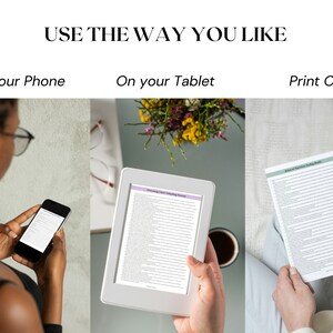 May include: Image showing three ways to use a document: on a phone, tablet, and printed out. The phone displays the document, a tablet shows the document, and a person holds a printed copy. Text at the top reads "USE THE WAY YOU LIKE".