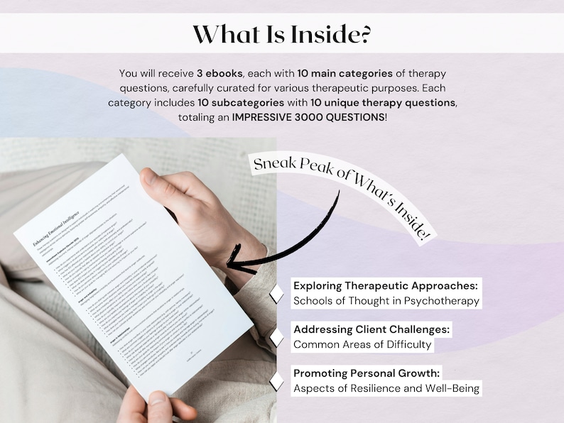 Pu&ograve; includere: Una persona tiene in mano un documento con il testo "Exploring Therapeutic Approaches: Schools of Thought in Psychotherapy" e "Addressing Client Challenges: Common Areas of Difficulty" e "Promoting Personal Growth: Aspects of Resilience and Well-Being". Il testo "Sneak Peak of What's Inside!" &egrave; in un cerchio attorno al documento.