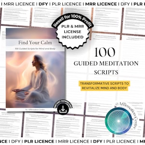 Op de afbeelding: De afbeelding toont een boekomslag met de titel "Find Your Calm" met een mediterende vrouw. Het toont ook "100 Guided Meditation Scripts" en "Transformative Scripts to Revitalize Mind and Body". Een badge zegt "PLR & MRR License Included".