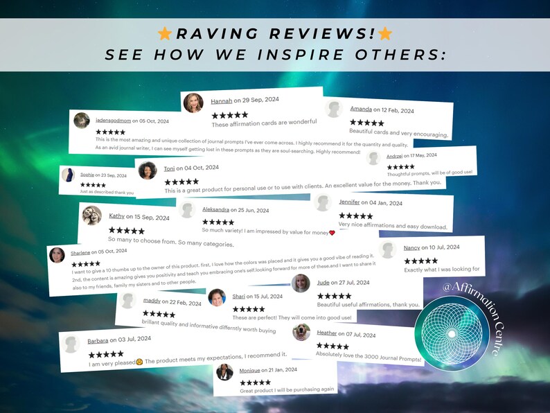 May include: A collage of positive reviews for a product with the text "Raving Reviews! See How We Inspire Others." The reviews are from customers who have purchased the product and are happy with it. The reviews are all five stars and include comments about the product being "wonderful", "encouraging", "great", "excellent value", "perfect", and "exactly what I was looking for".