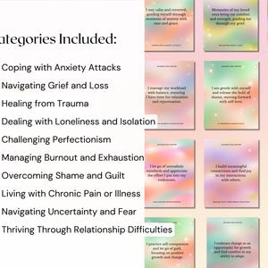 May include: A checklist of categories included in an affirmation deck. The categories are Coping with Anxiety Attacks, Navigating Grief and Loss, Healing from Trauma, Dealing with Loneliness and Isolation, Challenging Perfectionism, Managing Burnout and Exhaustion, Overcoming Shame and Guilt, Living with Chronic Pain or Illness, Navigating Uncertainty and Fear, and Thriving Through Relationship Difficulties.
