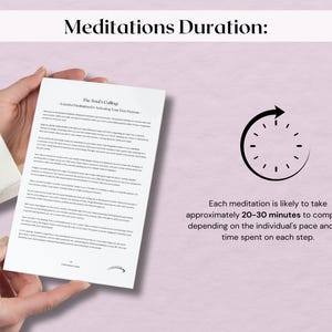 May include: A person holding a white paper with text titled "The Soul's Calling". The image includes a clock graphic and text stating each meditation takes approximately 20-30 minutes. The background is a light purple color.