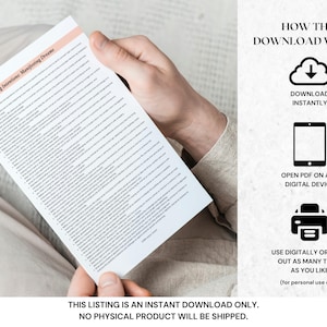 May include: A person holding a white paper with the title "Setting Intentions: Manifesting Dreams" in a light peach header. The paper is filled with lines of text. The image also includes instructions on how to download the PDF.