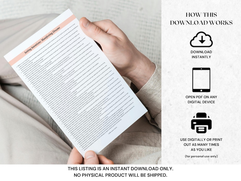 May include: A person holding a white paper with the title "Setting Intentions: Manifesting Dreams" in a light peach header. The paper is filled with lines of text. The image also includes instructions on how to download the PDF.