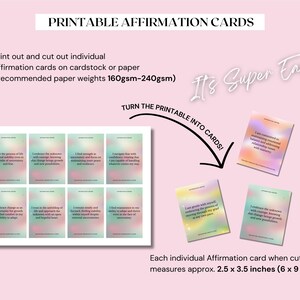 May include: Printable affirmation cards with a pastel rainbow background. The cards feature positive affirmations such as "I embrace the unknown with courage, knowing that change brings growth and new possibilities." and "I find strength in adversity and focus on increasing my inner peace and self-respect."