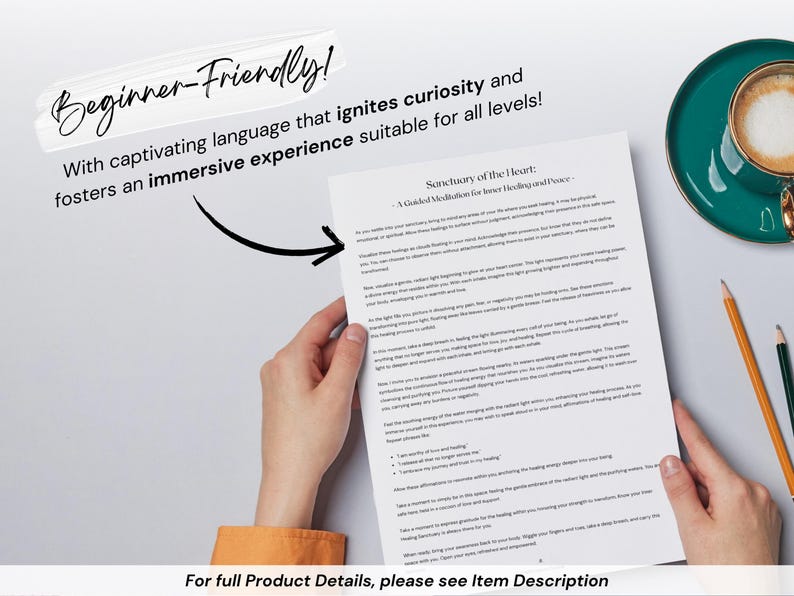 May include: A printed page titled "Sanctuary of the Heart" is held by a person. The text includes the phrase "Beginner-Friendly!" and "With captivating language that ignites curiosity and fosters an immersive experience suitable for all levels!" A cup of coffee and pencils are also visible.