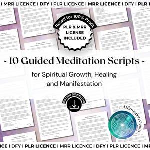 May include: A collection of 10 guided meditation scripts for spiritual growth, healing, and manifestation. The image includes a badge that says "Resell for 100% Profit" and "PLR & MRR LICENSE INCLUDED". There is an instant download icon.