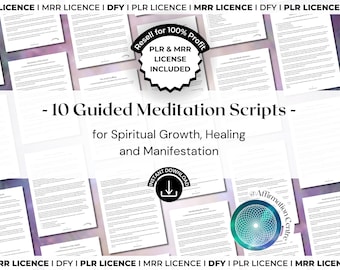 May include: A collection of 10 guided meditation scripts for spiritual growth, healing, and manifestation. The image includes a badge that says "Resell for 100% Profit" and "PLR & MRR LICENSE INCLUDED". There is an instant download icon.