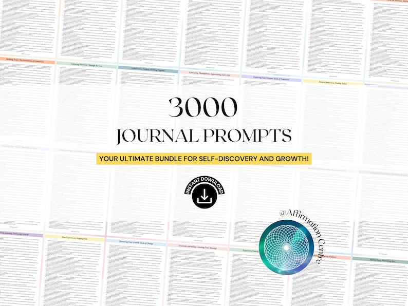 May include: A digital download graphic with the text "3000 Journal Prompts" in a bold font. The image includes multiple pages of lined paper, and the text "Your Ultimate Bundle for Self-Discovery and Growth!"