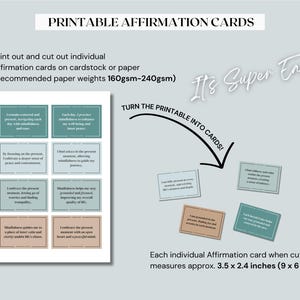 May include: Printable affirmation cards with a teal and brown color scheme. The cards feature positive affirmations about mindfulness and self-care. The text on the cards reads "I embrace the present moment, letting go of worries and finding tranquility." and "Each day, I practice mindfulness to enhance my well-being and inner peace."