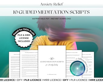 PLR MRR 10 Anxiety Relief Guided Meditation Scripts Canva Editable - Mindfulness Wellness Mental Health Coach Mrr Plr Dfy Resources