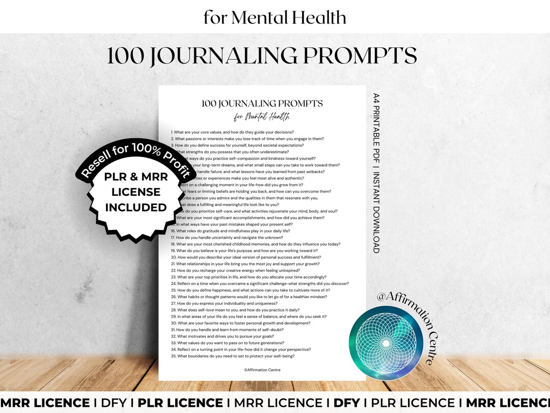 PLR MRR 100 Mental Health Journal Prompts Canva Editable Mindfulness ...