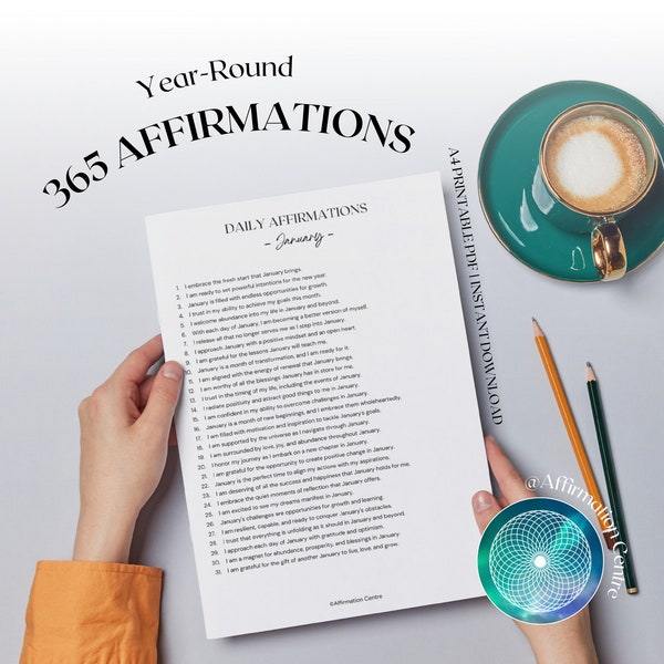 365 Year-Round Monthly Themed Affirmations List - Every Day Printable Positive Affirmations - Daily Positive Journal - Monthly Affirmations