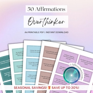 50 Overthinker Affirmation Cards - Overthinking Journal, Worry Journal, Anxiety Coping Skills Workbook for Calm, Clarity and Stress Relief