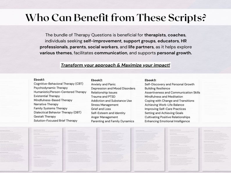 Pu&ograve; includere: Una grafica con il testo "Chi pu&ograve; beneficiare di questi script?" e un elenco di diversi tipi di terapia, tra cui la terapia cognitivo-comportamentale (CBT), la psicoterapia psicodinamica, la terapia umanistica/centrata sulla persona, la terapia esistenziale, la terapia basata sulla mindfulness, la terapia narrativa, la terapia sistemica familiare, la terapia comportamentale dialettica (DBT), la terapia gestaltica e la terapia breve focalizzata sulla soluzione.