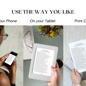 May include: Image showing a digital journal on a phone, tablet, and printed paper. The text "USE THE WAY YOU LIKE" is at the top. The phone and tablet display the text "100 Self-Exploration Journaling Prompts".