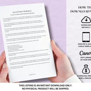 May include: A white paper with text about Sacral Chakra Meditations is held by a person. The text includes "Foster Creativity and Emotional Well-being." The image also shows instructions on how to download the product, edit it, and brand it.