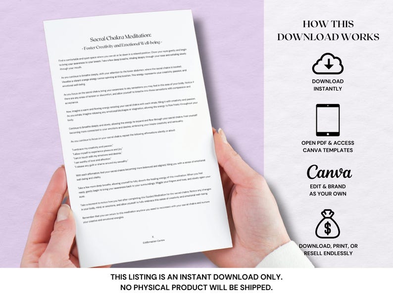 May include: A white paper with text about Sacral Chakra Meditations is held by a person. The text includes "Foster Creativity and Emotional Well-being." The image also shows instructions on how to download the product, edit it, and brand it.