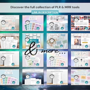 May include: A promotional image showcasing a collection of PLR & MRR tools. The image features various digital products, including discussion cards, workbooks, coloring pages, and templates. Text on the image reads "Discover the full collection of PLR & MRR tools" and "LINK IN DESCRIPTION."