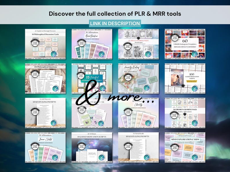 May include: A promotional image showcasing a collection of PLR & MRR tools. The image features various digital products, including discussion cards, workbooks, coloring pages, and templates. Text on the image reads "Discover the full collection of PLR & MRR tools" and "LINK IN DESCRIPTION."