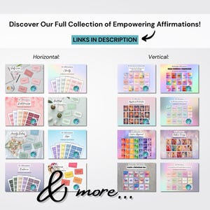 May include: A collection of printable affirmation cards with various themes, including self-care, relationships, anxiety, hope, balance, happiness, abundance, and more. The cards are displayed in a grid format with a pastel color scheme and a blue and white design.