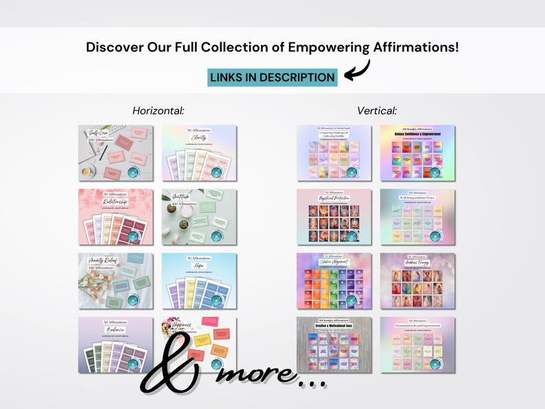May include: A collection of printable affirmation cards with various themes, including self-care, relationships, anxiety, hope, balance, happiness, abundance, and more. The cards are displayed in a grid format with a pastel color scheme and a blue and white design.