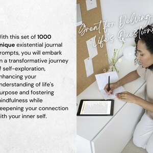 May include: A woman sits at a desk writing in a notebook. She is using a pen to write on a page with lines. The notebook is open and there is a digital tablet next to it. The desk is white and there is a corkboard behind the woman with notes on it. The text on the corkboard says "Great for Delving into Life's Questions!"