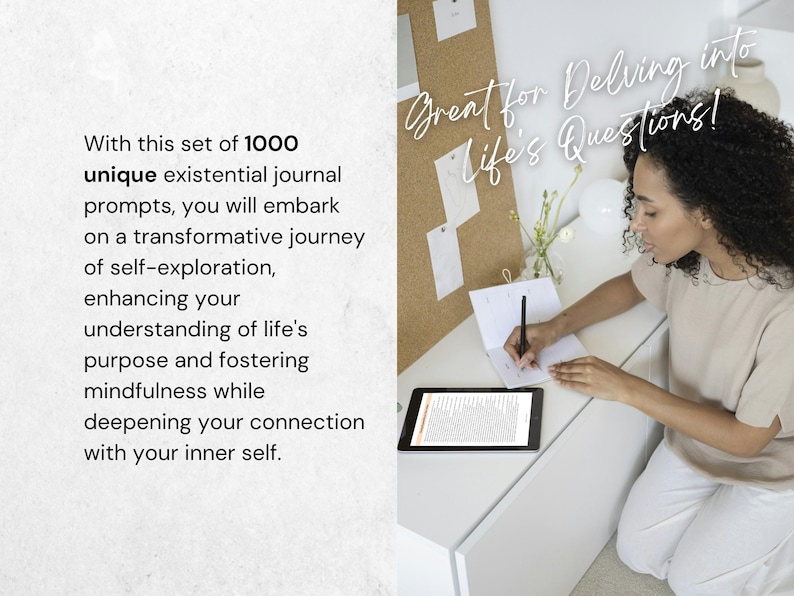 May include: A woman sits at a desk writing in a notebook. She is using a pen to write on a page with lines. The notebook is open and there is a digital tablet next to it. The desk is white and there is a corkboard behind the woman with notes on it. The text on the corkboard says "Great for Delving into Life's Questions!"