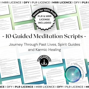 Op de afbeelding: Een verzameling witte papieren documenten met tekst, gerangschikt op een lichtblauwe achtergrond. De tekst luidt: "- 10 Guided Meditation Scripts - Journey Through Past Lives, Spirit Guides and Karmic Healing." Bevat een "Resell for 100% Profit" badge.