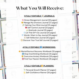 May include: Image of a collection of journals, workbooks, and planners. The text "What You Will Receive" is at the top. The image lists 9 journals, 4 workbooks, and 2 planners, each with a title and page count. The journals include topics like stress management and self-reflection.