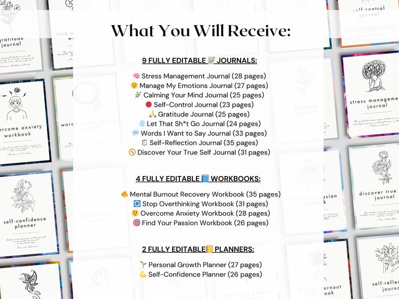 May include: Image of a collection of journals, workbooks, and planners. The text "What You Will Receive" is at the top. The image lists 9 journals, 4 workbooks, and 2 planners, each with a title and page count. The journals include topics like stress management and self-reflection.