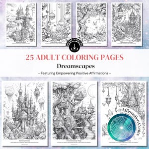 25 Dreamscapes Coloring Pages for Adults -Fantasy Dream World Coloring - Enchanted Forest, Magical Castles Grayscale Coloring Book Printable