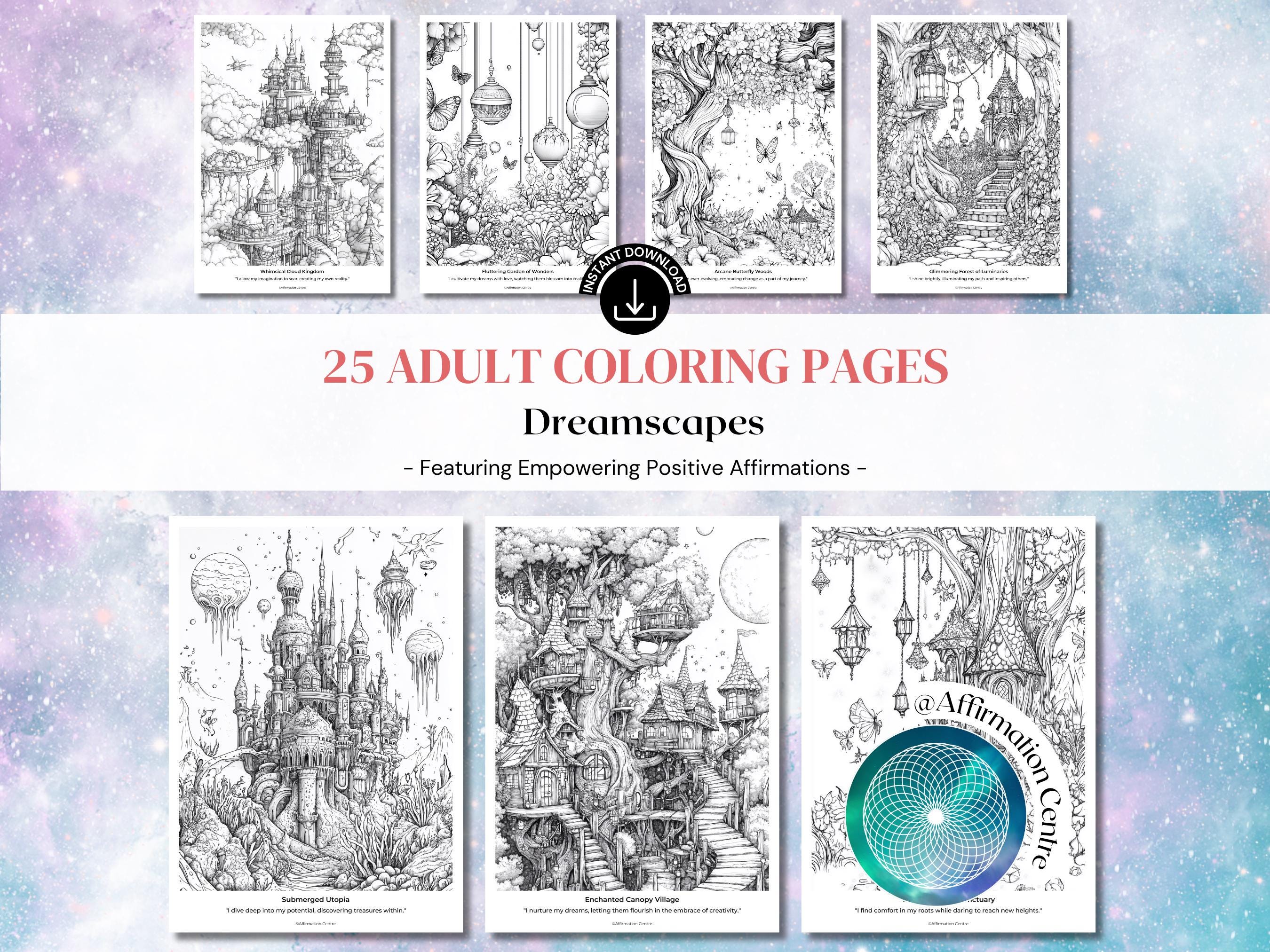 25 Dreamscapes Grayscale Coloring Pages for Adults â Enchanted Forests, Magical Castles, Fantasy World Printables with Positive Affirmations