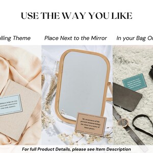 May include: Three images showing different ways to use affirmation cards. The first image shows a stack of cards on a beige journal with a quote on the top card. The second image shows a card next to a wooden mirror. The third image shows a card in a black purse with a makeup brush and a watch.