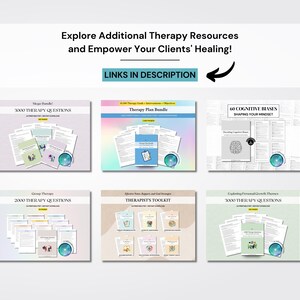 Pu&ograve; includere: Un collage di sei copertine di prodotti digitali per terapeuti. Le copertine presentano una variet&agrave; di colori e design, tra cui un gradiente arcobaleno, uno sfondo verde chiaro e uno sfondo rosa chiaro. Il testo sulle copertine include "Therapy Plan Bundle", "60 Cognitive Biases", "2000 Therapy Questions", "Therapist's Toolkit" e "3000 Therapy Questions".