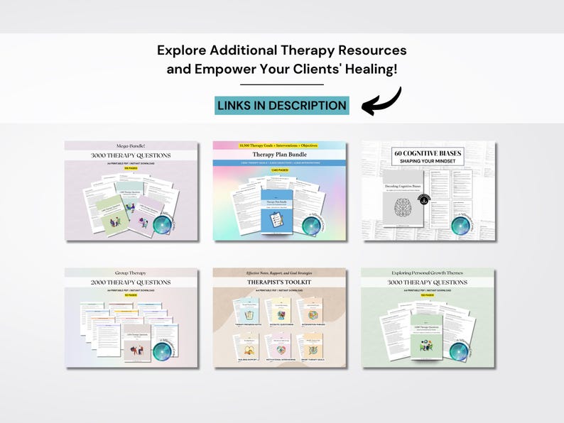 Pu&ograve; includere: Un collage di sei copertine di prodotti digitali per terapeuti. Le copertine presentano una variet&agrave; di colori e design, tra cui un gradiente arcobaleno, uno sfondo verde chiaro e uno sfondo rosa chiaro. Il testo sulle copertine include "Therapy Plan Bundle", "60 Cognitive Biases", "2000 Therapy Questions", "Therapist's Toolkit" e "3000 Therapy Questions".