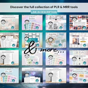 Puede incluir: Imagen promocional que muestra una colecci&oacute;n de herramientas PLR y MRR. La imagen presenta varios productos digitales, incluyendo cuadernos de trabajo, guiones y tarjetas. El texto incluye "Discover the full collection of PLR & MRR tools" y "LINK IN DESCRIPTION".