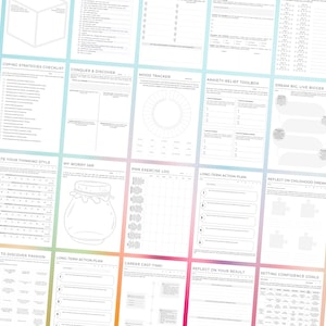 May include: A collection of white printable worksheets with various self-help themes, including mood tracking, anxiety relief, and long-term action planning. The pages are arranged on a light background with a soft, colorful gradient.