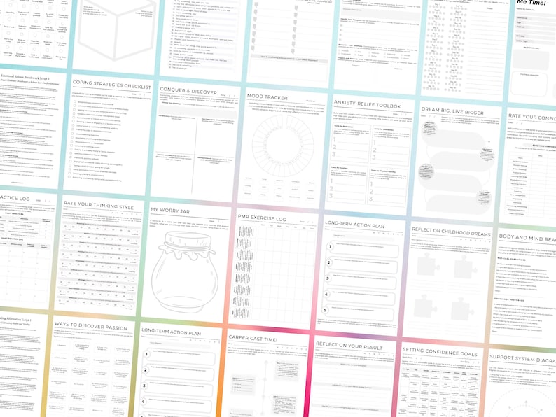 May include: A collection of white printable worksheets with various self-help themes, including mood tracking, anxiety relief, and long-term action planning. The pages are arranged on a light background with a soft, colorful gradient.