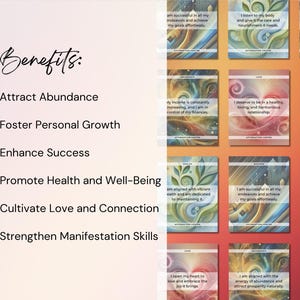 Puede incluir: Un conjunto de tarjetas de afirmaci&oacute;n con fondos abstractos coloridos y afirmaciones positivas. Las tarjetas est&aacute;n dise&ntilde;adas para ayudar a atraer la abundancia, fomentar el crecimiento personal, mejorar el &eacute;xito, promover la salud y el bienestar, cultivar el amor y la conexi&oacute;n, y fortalecer las habilidades de manifestaci&oacute;n.