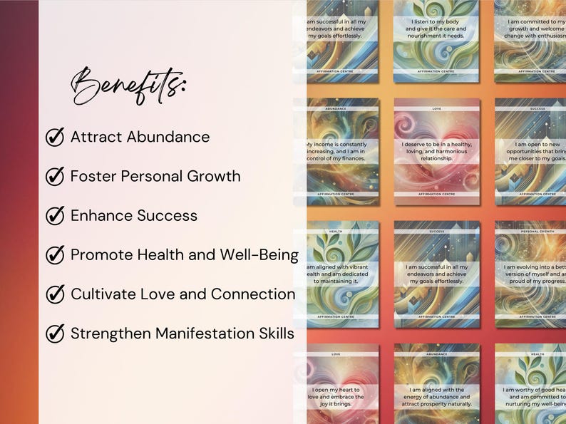 Puede incluir: Un conjunto de tarjetas de afirmaci&oacute;n con fondos abstractos coloridos y afirmaciones positivas. Las tarjetas est&aacute;n dise&ntilde;adas para ayudar a atraer la abundancia, fomentar el crecimiento personal, mejorar el &eacute;xito, promover la salud y el bienestar, cultivar el amor y la conexi&oacute;n, y fortalecer las habilidades de manifestaci&oacute;n.