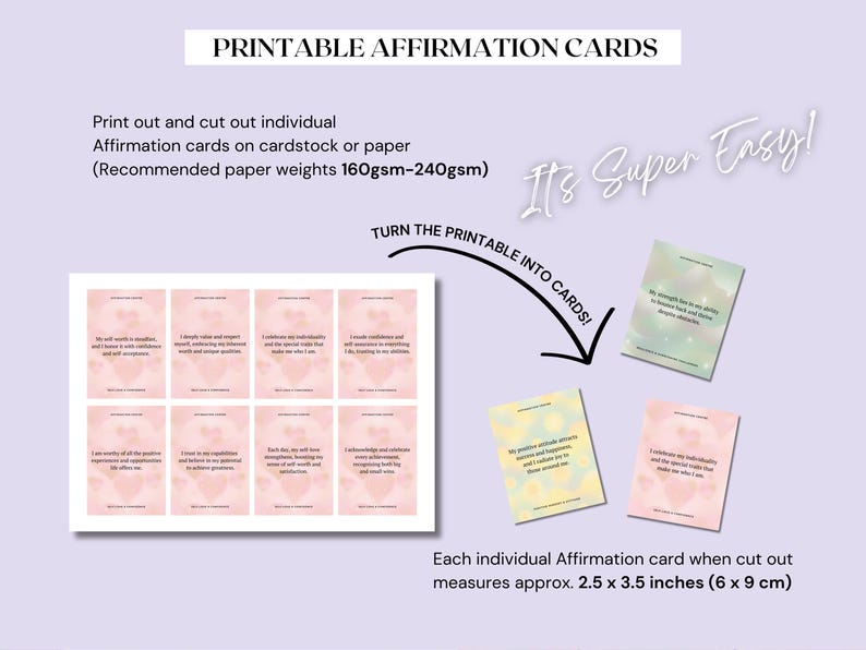 May include: Printable affirmation cards with pink and yellow watercolor backgrounds. The cards feature positive affirmations such as "I am worthy of love and acceptance" and "I acknowledge and appreciate everything both big and small around me". Each card measures 2.5 x 3.5 inches.