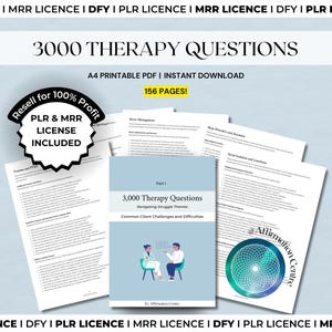 Puede incluir: Una descarga digital titulada "3000 Therapy Questions" con una portada azul claro que presenta ilustraciones de dos personas en una sesión de terapia. El producto incluye una licencia PLR & MRR y tiene 156 páginas.