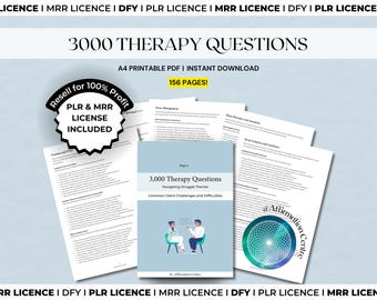 May include: A digital download titled "3000 Therapy Questions" with a light blue cover featuring illustrations of two people in a therapy session. The product includes a PLR & MRR license and is 156 pages. The text reads "A4 Printable PDF | Instant Download."