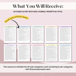 May include: A preview of a digital journal prompt resource with 64 pages and 1000 prompts in total. The resource is divided into 10 categories, each with 5 sub-categories and 20 prompts. The text "Sneak Peak of What's Inside!" is highlighted in a yellow circle.
